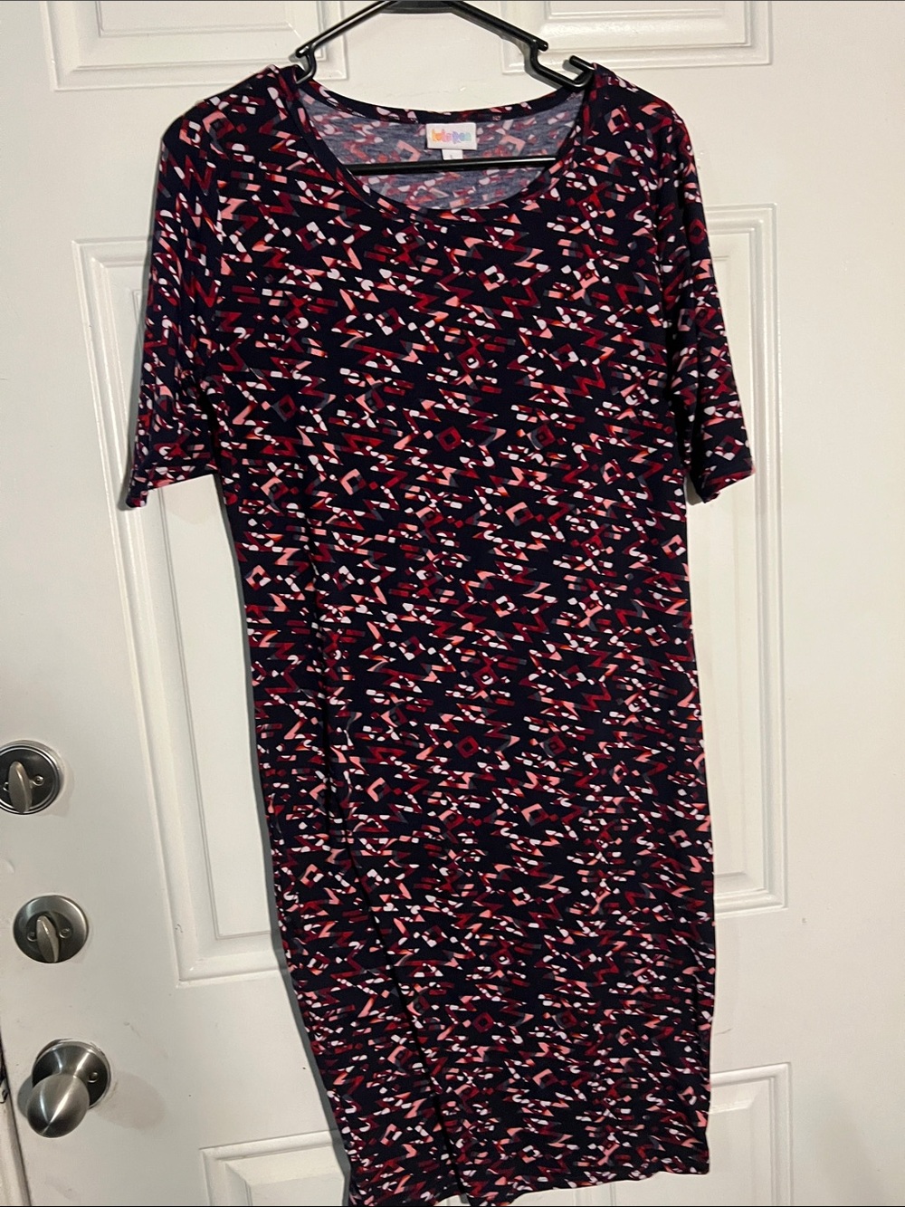 LuLaRoe Navy, Pink & White Geometric Print Midi Dress